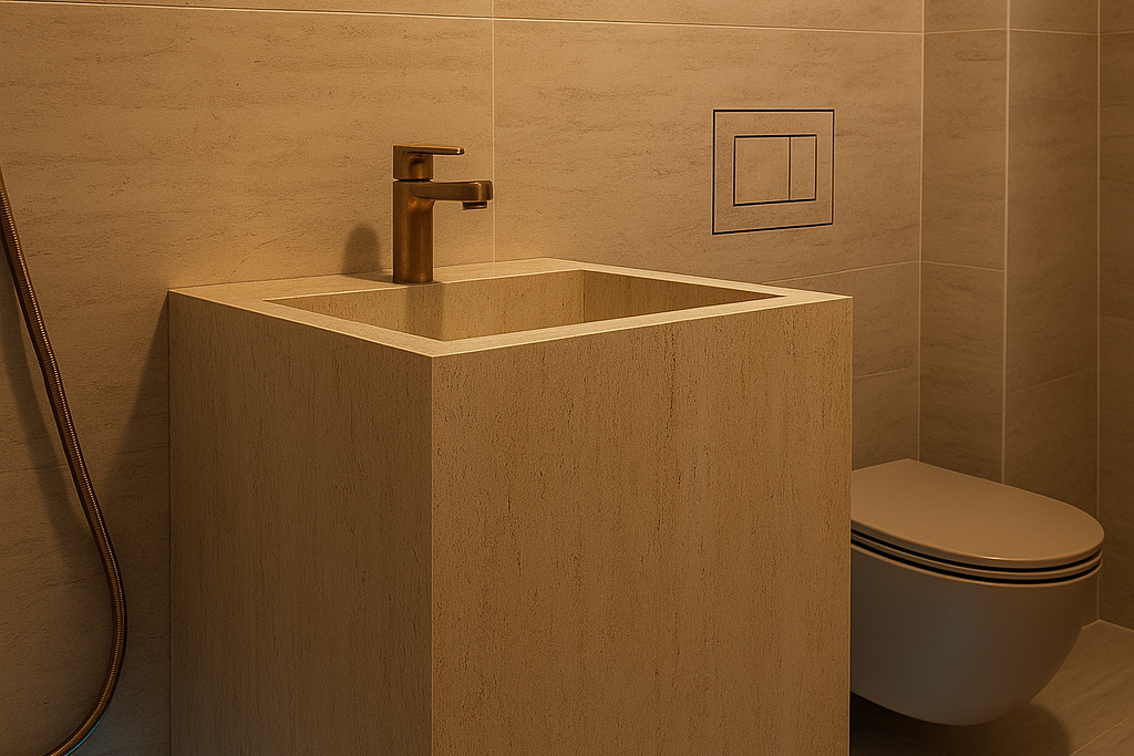 Modern bathroom with beige square sink and toilet, illuminated by blue light on the floor.